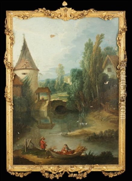 Landscape With A Tower By A River And Figures In The Foreground Oil Painting - Francois Boucher