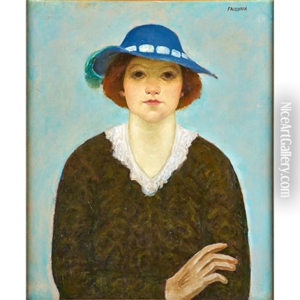Untitled (young Woman In A Blue Hat) Oil Painting - Arnold Friedman