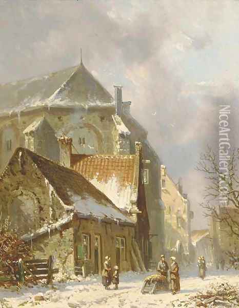 Villagers in a snowcovered street Oil Painting - Adrianus Eversen