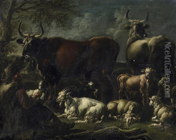 Hirte Mit Seinen Ziegen, Schafen Und Stieren Oil Painting - Cajetan Roos