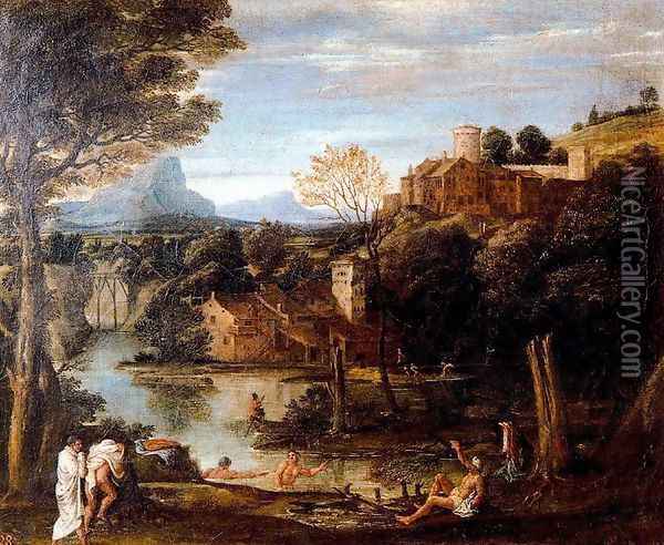 Landscape with bathers Oil Painting - Annibale Carracci