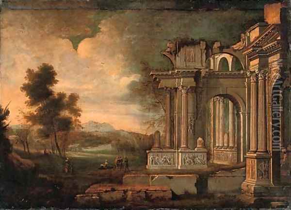 A capriccio of classical ruins with peasants conversing by a stream Oil Painting - Hendrick Danckerts