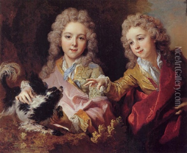 Portrait Of Francois Pommyer And Yves-joseph-charles Pommyer Playing With A King Charles Spaniel Oil Painting - Nicolas de Largilliere