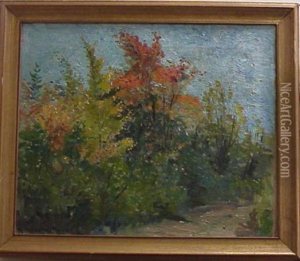 Impressionistic Early Autumn Trees Along Path Oil Painting - Eurilda Loomis France