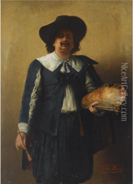 A Selfportrait Of The Artist, 
Standing Three Quarter Length, Wearing A 17th Century Style Costume Oil Painting - Leon Herbo