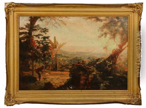 Jungle Clearing With Crouching Native Hunter To The Foreground, Possibly Papua New Guinea Or Solomon Islands Oil Painting - Charles Gordon-Frazer