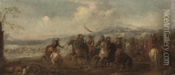 A Cavalry Troop With A Skirmish Beyond Oil Painting - Antonio Maria Marini