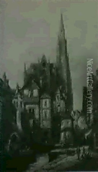 Metz, Lorraine/village Scene With Gothic Cathedral Oil Painting - David Roberts