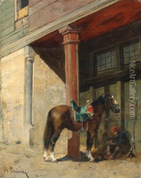 A Resting Guard With His Horse Oil Painting - Alberto Pasini