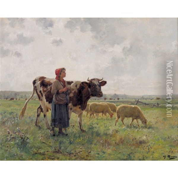 Jeune Bergere Tricotant Oil Painting - Adolphe Charles Marais