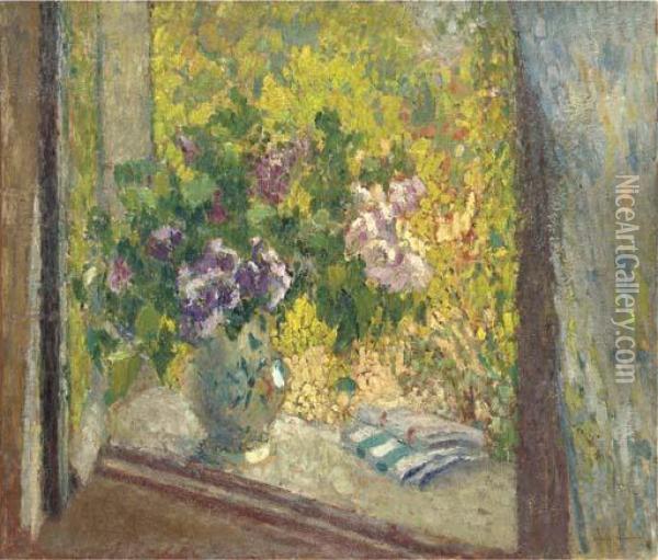 Vase De Fleurs Posee Sur L'entablement D'une Fenetre Oil Painting - Henri Martin