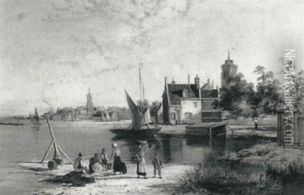 Dutch Coastal Landscape With Fisherfolk Oil Painting - William Raymond Dommersen