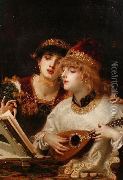 The Musical Accompaniment Oil Painting - Antonio Barzaghi-Cattaneo