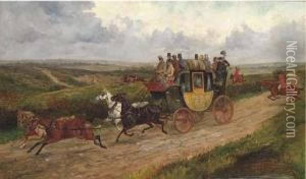 The London To Norwich Coach With A Hunt Beyond Oil Painting - George Finch Mason