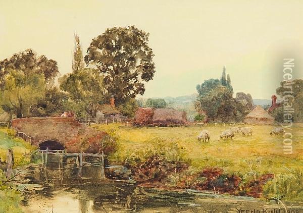 River Landscape With Sheep Grazing Oil Painting - Henry John Yeend King