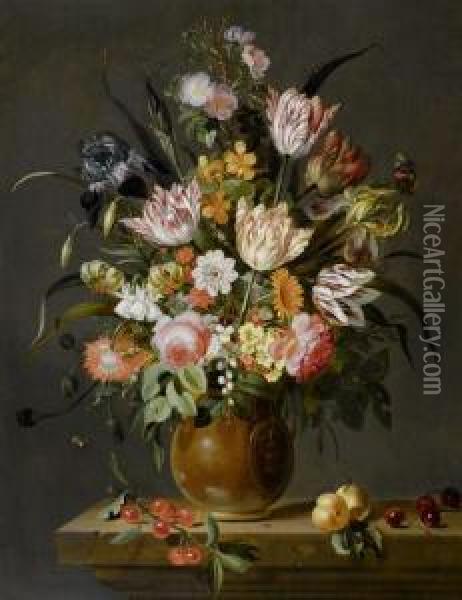 Bouquet Of Flowers In A Clay Vase With Cherries And Apricots On A Console Oil Painting - Jacob Marrel