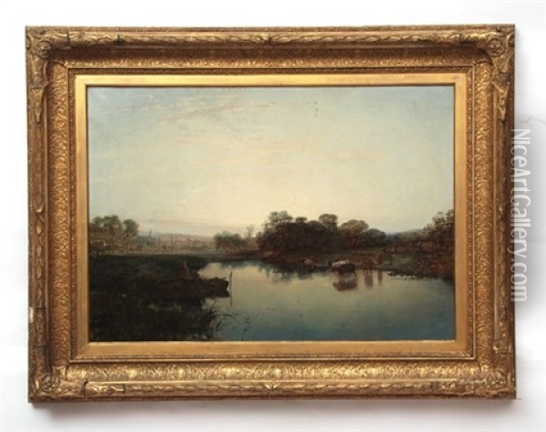 River Landscape With Cattle Watering Oil Painting - Alfred George Stannard