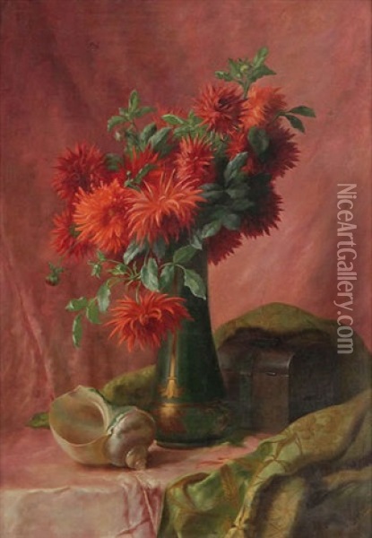 Nature Morte Aux Pivoines Rouges Dans Un Vase, Coquille Nautilus Et Boite A Bijoux Sur Une Table Oil Painting - Edward van Ryswyck