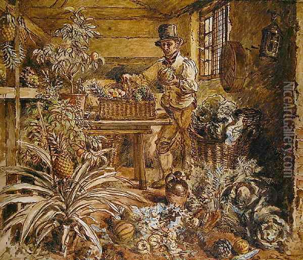 A Gardener in a Potting Shed with Pineapples and Various Vegetables Oil Painting - Alfred William Hunt