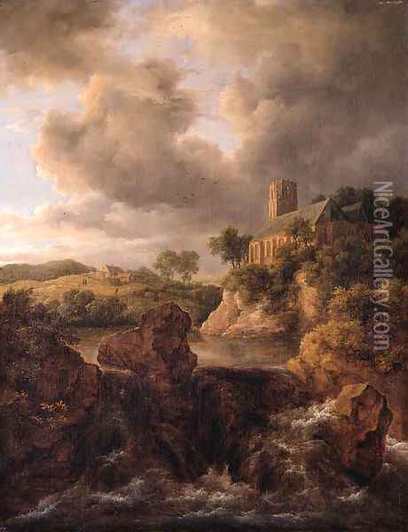 A waterfall in a mountainous landscape, a church on a cliff beyond Oil Painting - Jacob Van Ruisdael