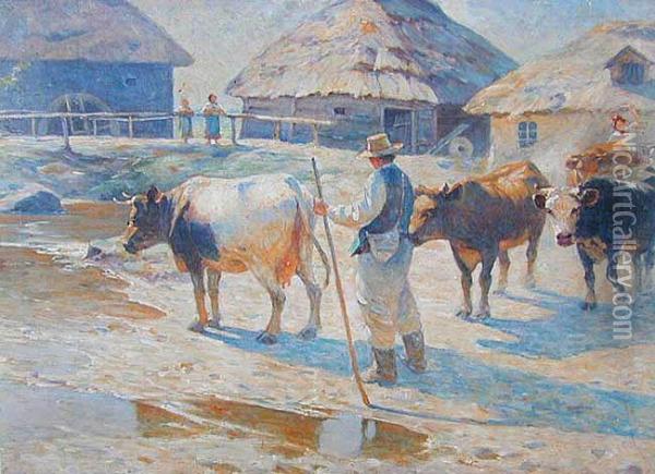 Krowy, Okolo 1913 Oil Painting - Wladyslaw Mihailov. Galimski