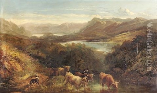 A Cattle Drover In The Western Highlands (collab. W/joseph Denovan Adam) Oil Painting - Joseph Adam