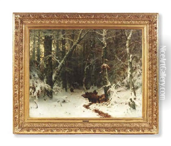 Wildschweinrotte Im Unterholz Eines Tief Verschneiten Waldes Oil Painting - Sophus Jacobsen