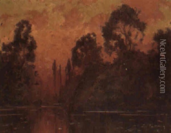 A Wooded Lake At Sunset Oil Painting - Eugene Deshayes