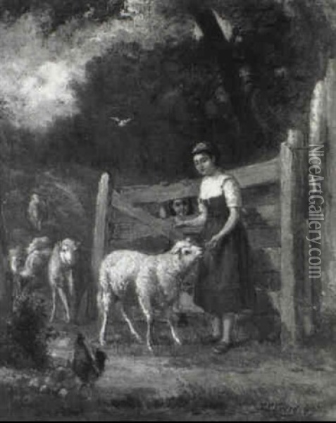 The Shepherdess Leading Her Flock Home Oil Painting - Samuel Lancaster Gerry