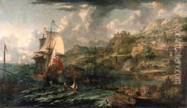 A Capriccio Of A Mediterranean 
Harbour With A British Man-o-war Anda Galley And Numerous Figures On A 
Quay Oil Painting - Lorenzo A. Castro