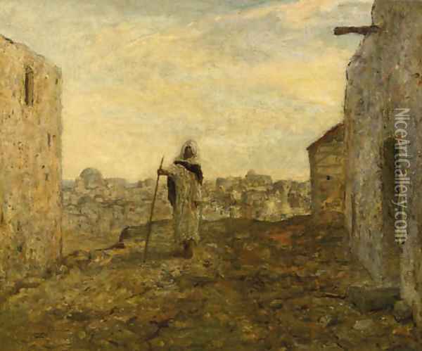Blinde bedelaar a blind beggar on a hill top, a town beyond Oil Painting - Marius Bauer