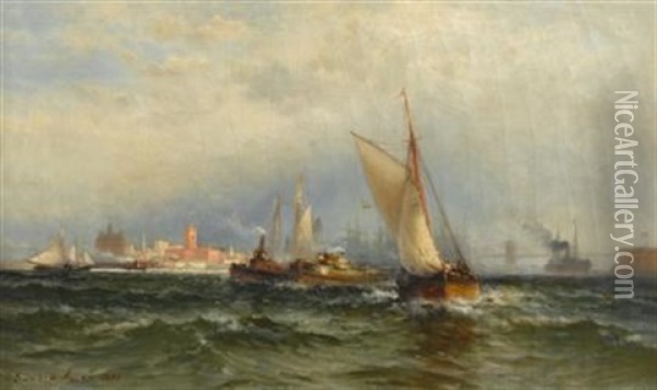 Steamships And Sailing Boats In New York Harbor Oil Painting - Edward Moran