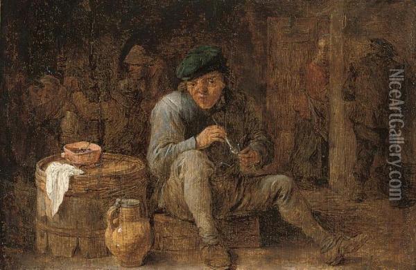 A Peasant Smoking In A Tavern Interior Oil Painting - David The Younger Teniers