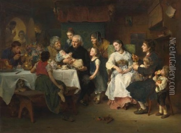 Die Taufe (the Christening) Oil Painting - Ludwig Knaus