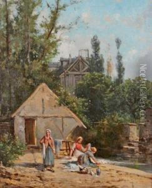 Les Lavandieres Pres Du Moulin Oil Painting - Charles Sauvageot