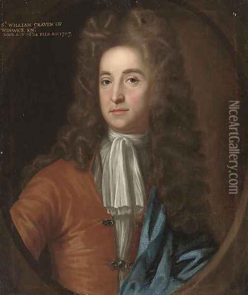 Portrait of Sir William Craven, of Winwick, Northamptonshire (1634-1707), bust-length, in a brown coat and blue mantle Oil Painting - Johann Closterman