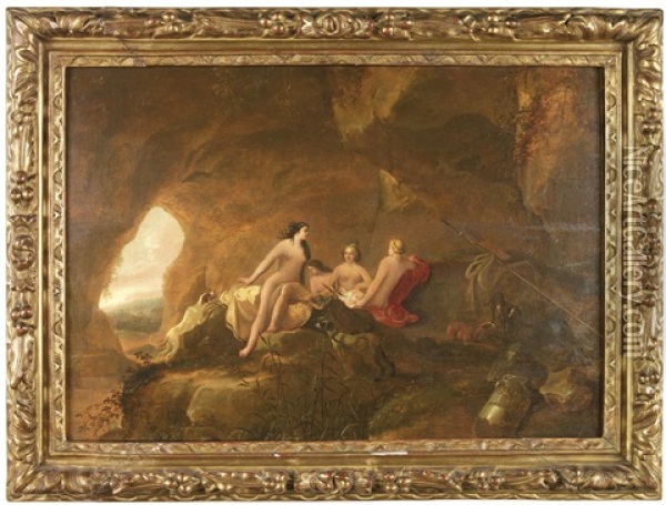 Nymphen Und Jagdhunde In Einer Felsgrotte Oil Painting - Abraham van Cuylenborch