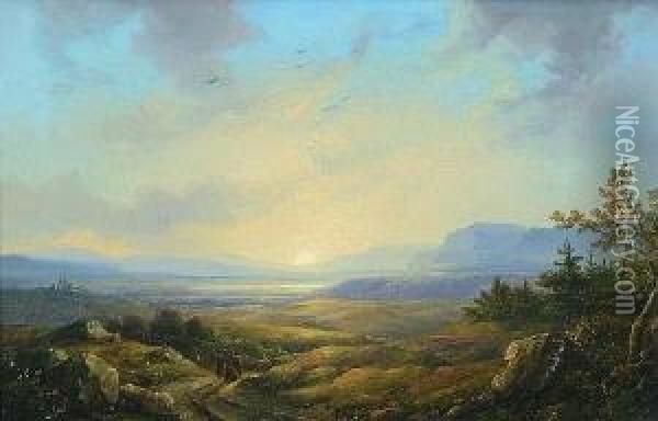Sonnenuntergangsstimmung In Einem
 Weiten Tal. Oil Painting - Remigius Adriannus van Haanen