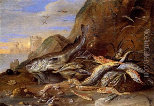Natura Morta Di Pesci Oil Painting - Jan van Kessel the Elder