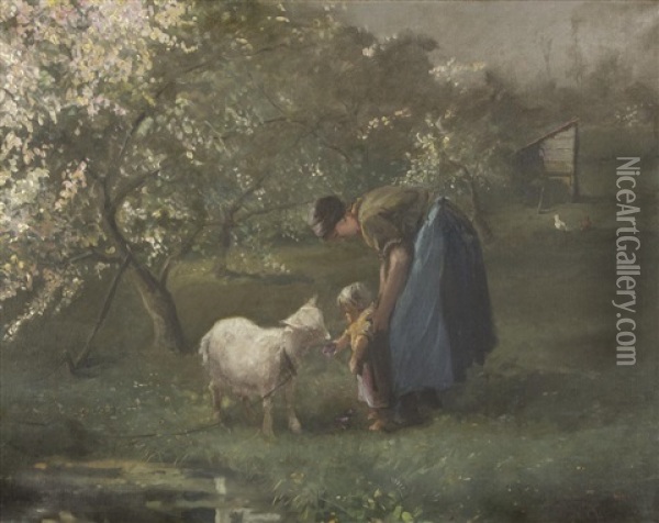 Mother And Child Feeding A Lamb Oil Painting - Willy Martens