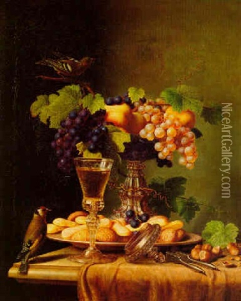 Still Life With Fruit, Wine Glass, Nuts And Birds On A Marble Ledge Oil Painting - Peter Joseph Wilms