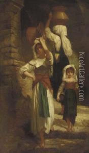 Water Carriers At The Well Oil Painting - Ernest Antoine Hebert