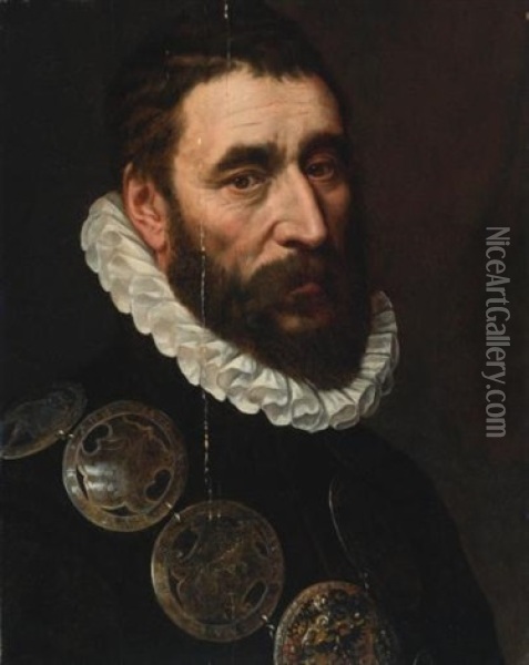 Portrait Of A Bearded Man, Bust Length, Wearing A Chain Of Guild Buckles Oil Painting - Adriaen Thomasz Key