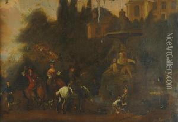 A Hawking Party At Rest Before An Italiante Fountain Oil Painting - Dirck Willemsz. Stoop