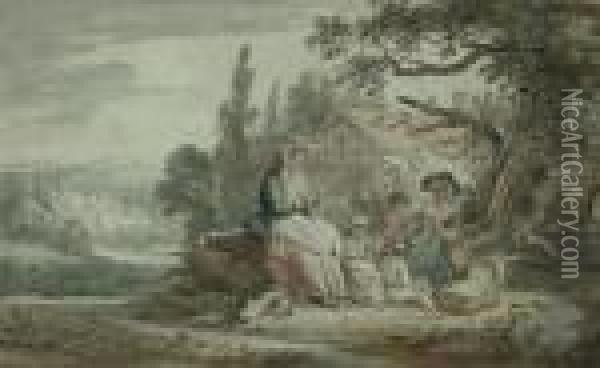 A Family Group Knitting Outside A Country Cottage Oil Painting - Paul Sandby