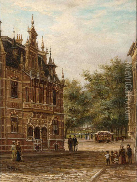 A Townview With Elegant Figures On A Street Oil Painting - Johannes Matthijs Hoogbruin