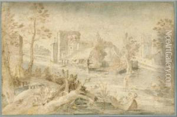 A River Landscape With A Town In The Distance, Hunters In A Boat And Other Figures In The Foreground Oil Painting - Pieter Ii Stevens