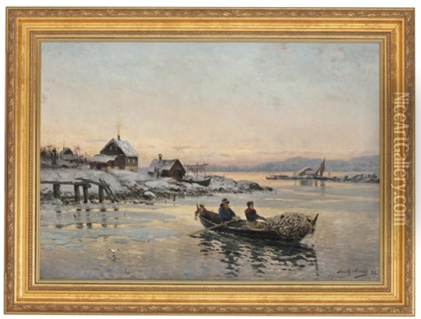 Vinterlandskap Med Garnfiskere I Robat Oil Painting - Frithjof Smith-Hald