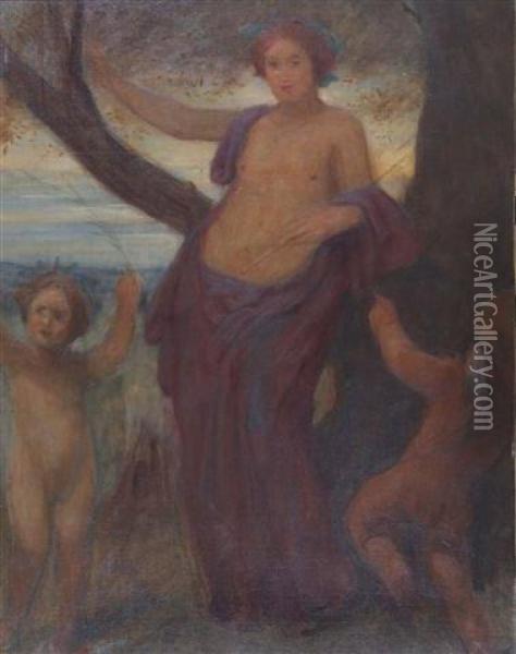 A Semi Clad Female With Two Putti At The Foot Of A Tree In A Landscape Oil Painting - George Frederick Watts