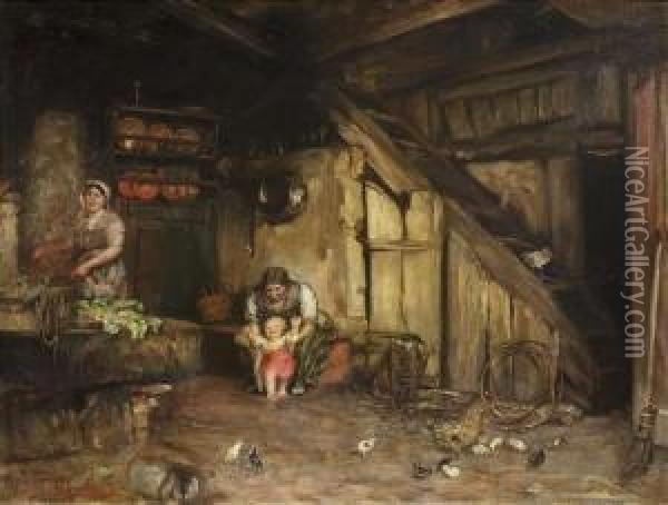 Nikolaus . Interior Of A Peasant Kitchen With Grandma Playing With Her Grandchild While The Mother Is Preparing Meal Oil Painting - Nicolaus Mathes